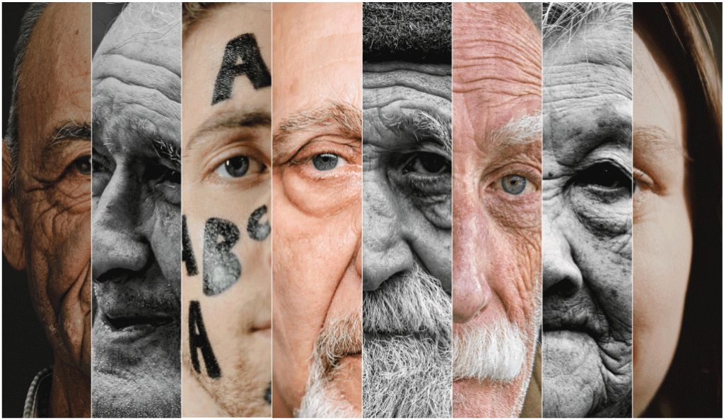 Collage aus mehreren Gesichtern in schmalen Bildstreifen als Symbol für Armut und soziale Ungleichheit